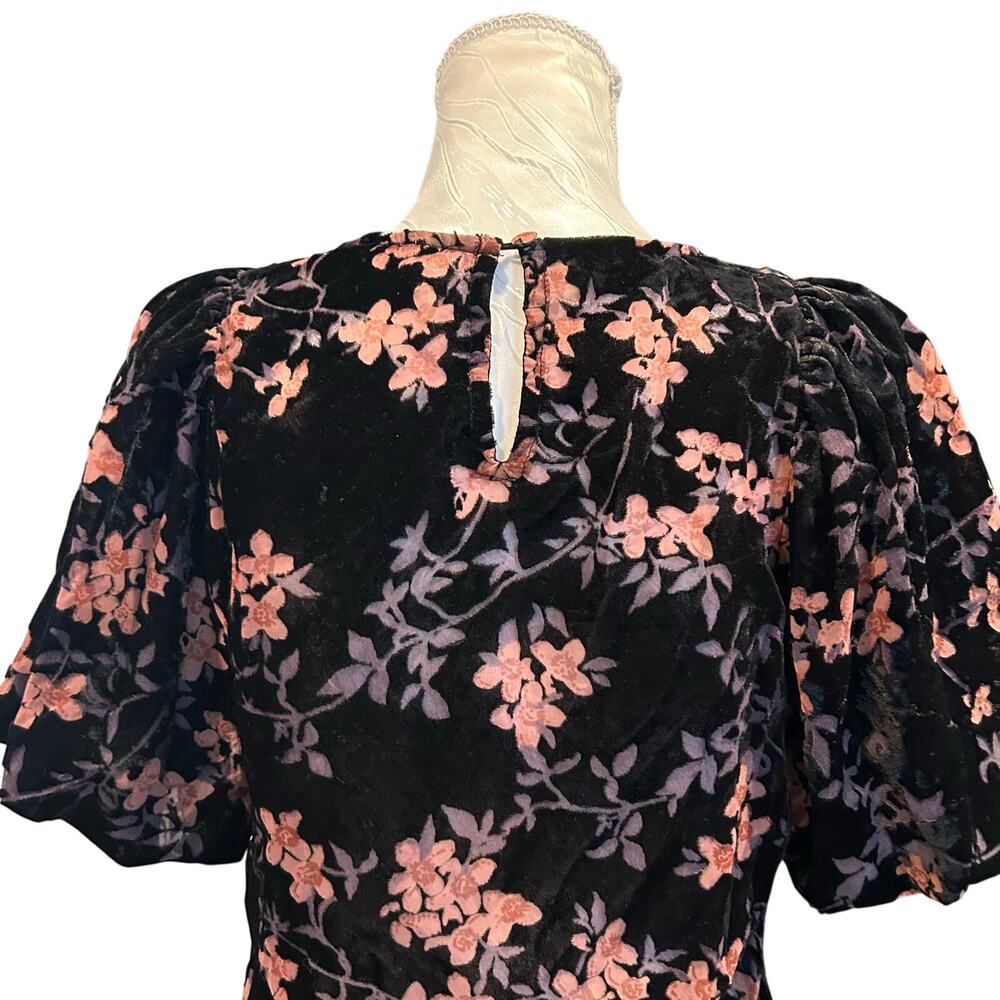 Black Floral Burnout Velvet Top Sheer Panel Flutter Sleeve Dark Romantic S - Picture 7 of 16